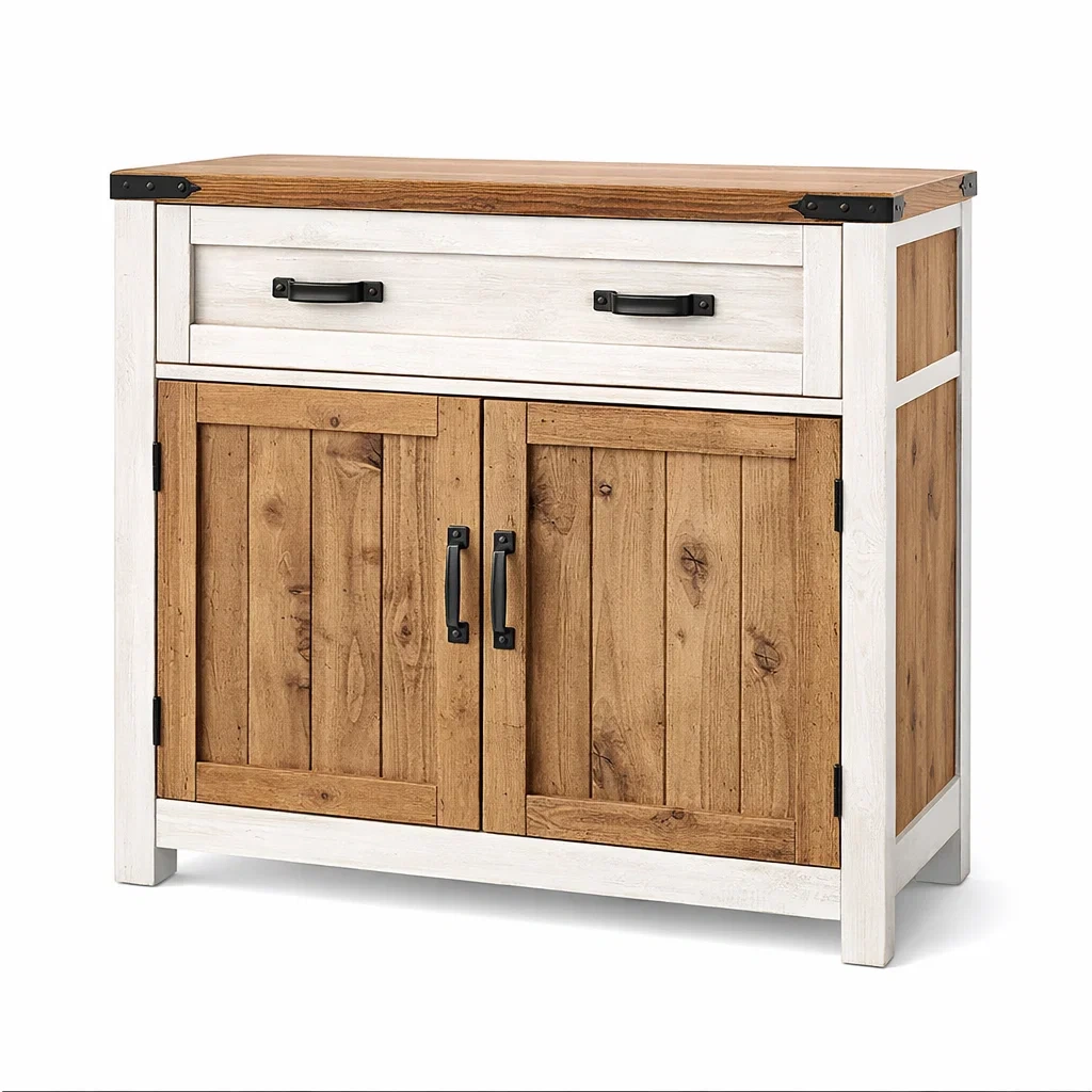 Sideboard mit Schublade und Doppeltüren aus Massivholz und Metall Weiß/Braun-LIVARIVA