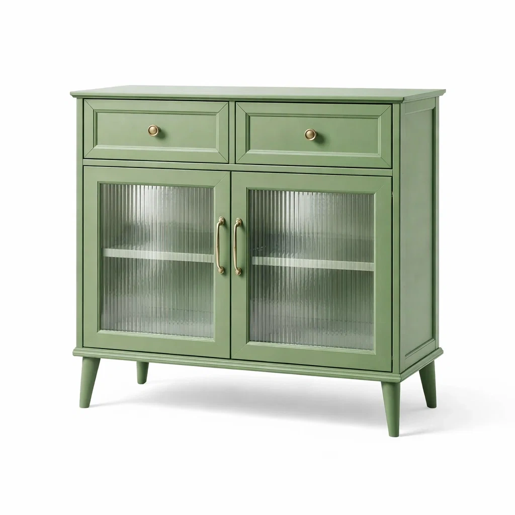 Grünes Holz-Sideboard mit geriffelter Glasfront und 2 Türen 2 Schubladen-LIVARIVA
