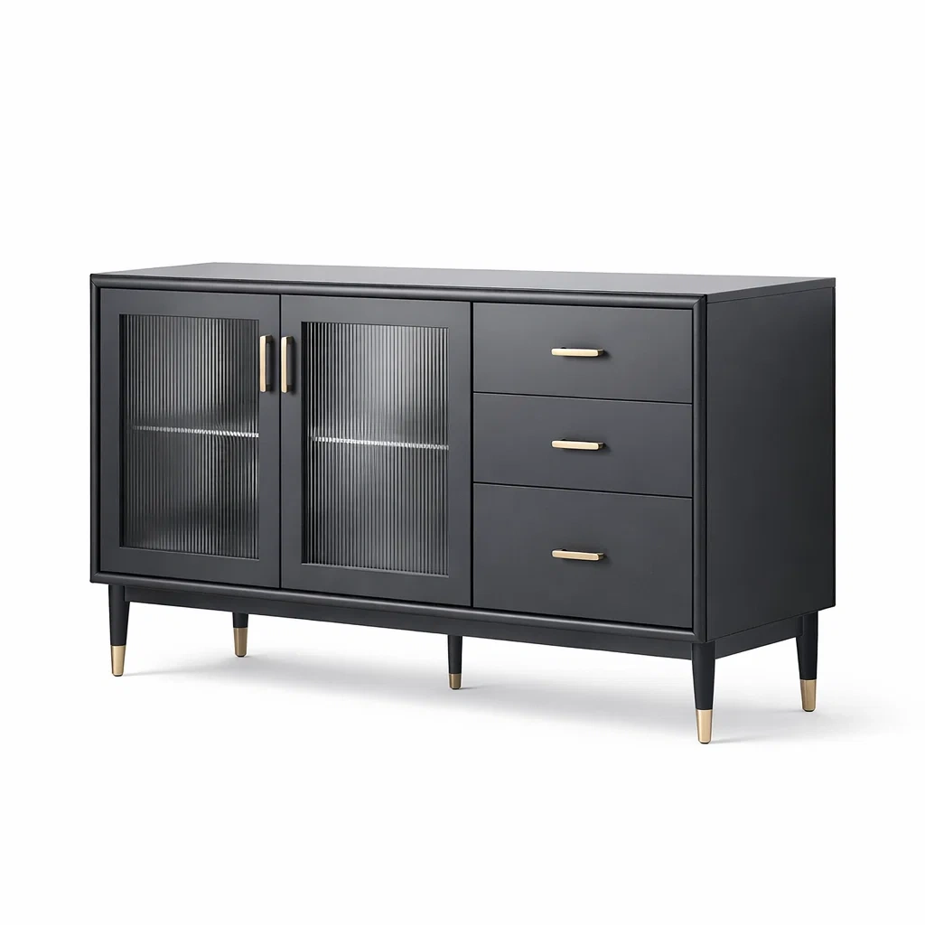 Schwarzes Sideboard mit Glastüren und 3 Schubladen aus MDF und Holz-LIVARIVA