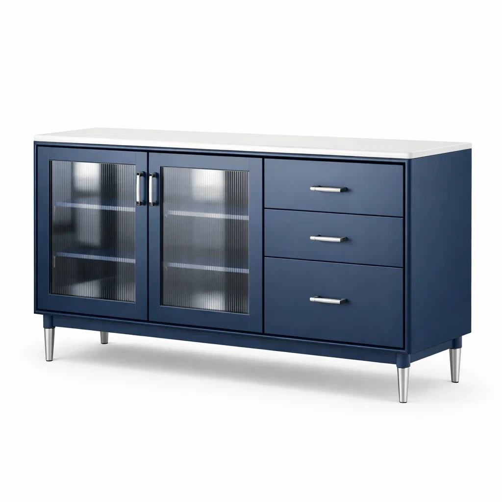 Blaues Sideboard aus MDF mit Riffelglas und Metallgriffen-LIVARIVA