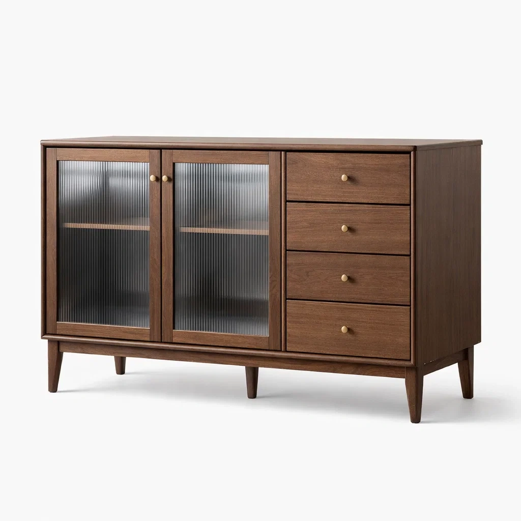 Sideboard aus Holz mit 4 Schubladen und 2 Glastüren Braun 150x40x80cm-LIVARIVA