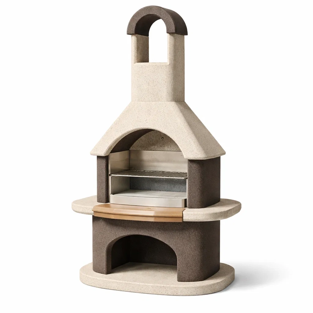 Gartenkamin Grillset aus Beton und Edelstahl in Hellgrau/Dunkelbraun-LIVARIVA