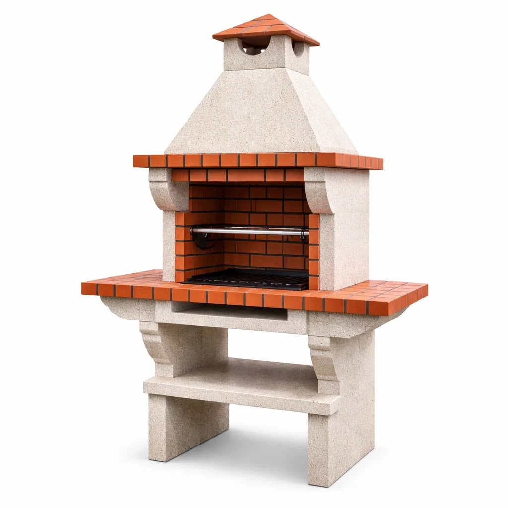 Beton Grillkamin mit Backsteinverkleidung, 180cm, Grau/Rot-LIVARIVA
