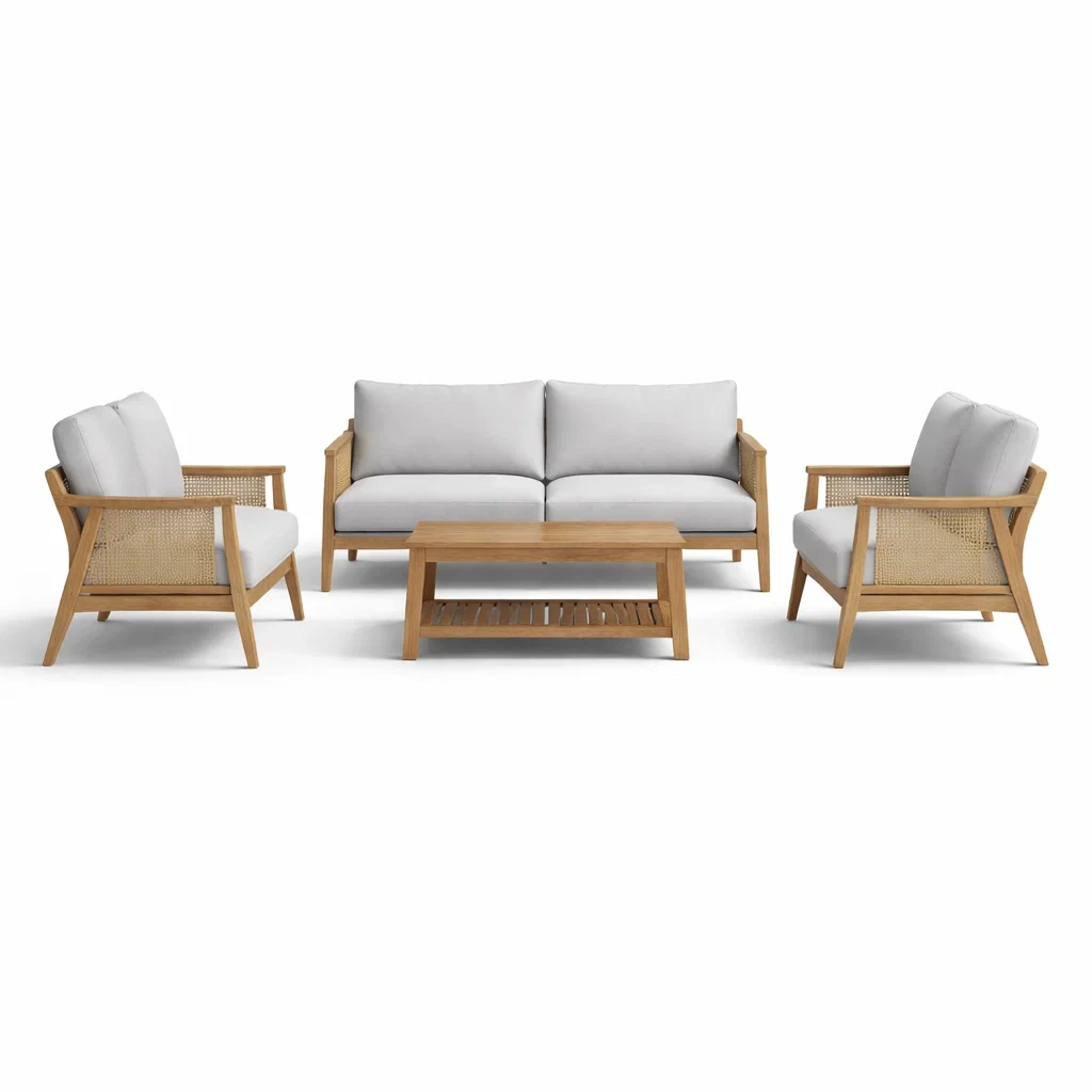 Ensemble de salon en bois d'acacia avec coussins en polyester gris-furnoveta