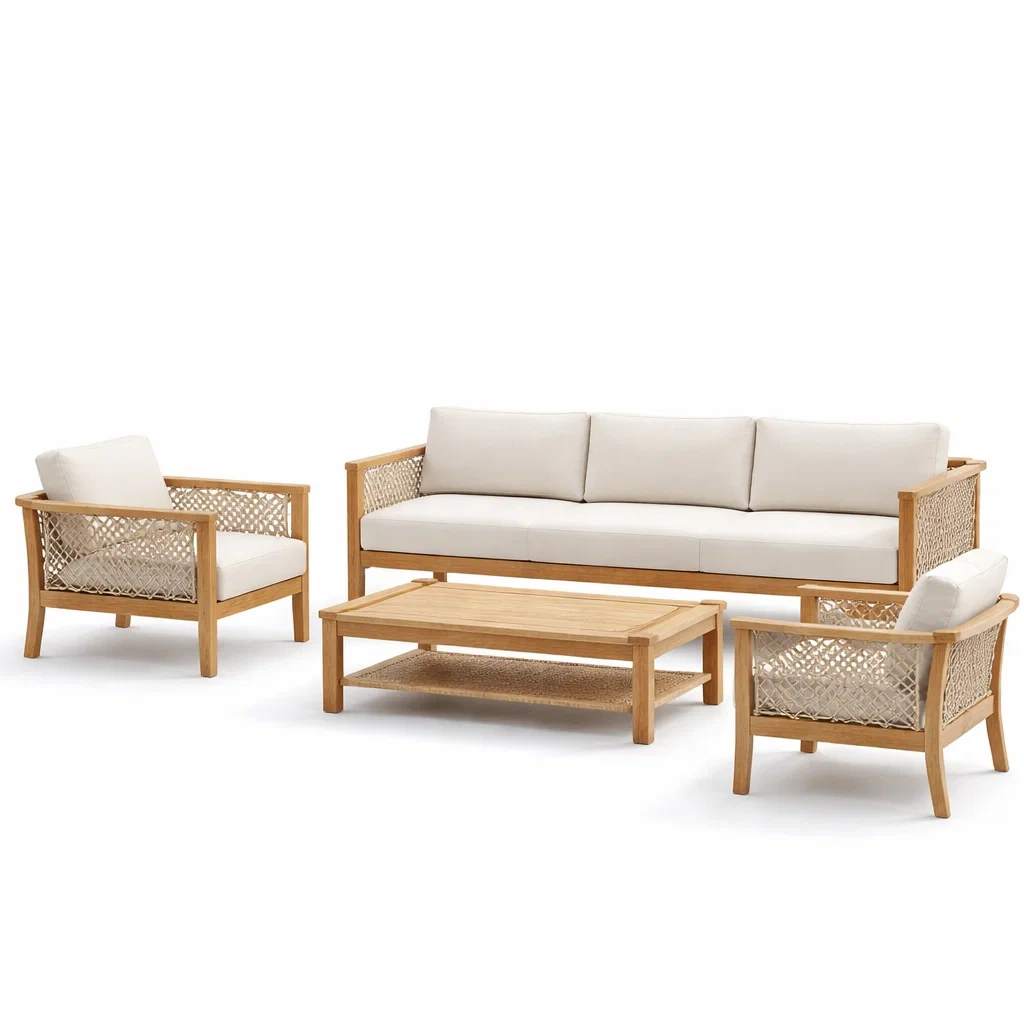 Ensemble de salon en bois d'acacia et corde avec coussins crème-furnoveta