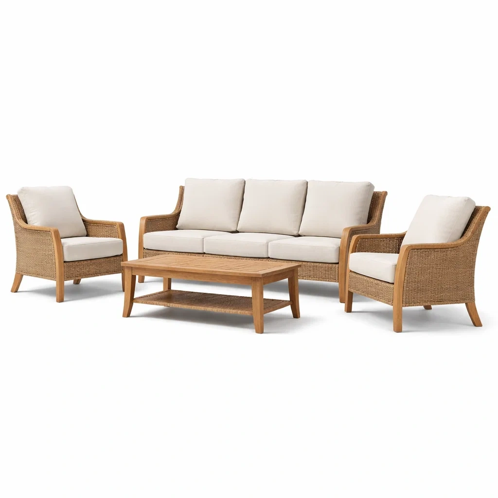 Ensemble de salon en rotin et bois avec coussins beige-furnoveta