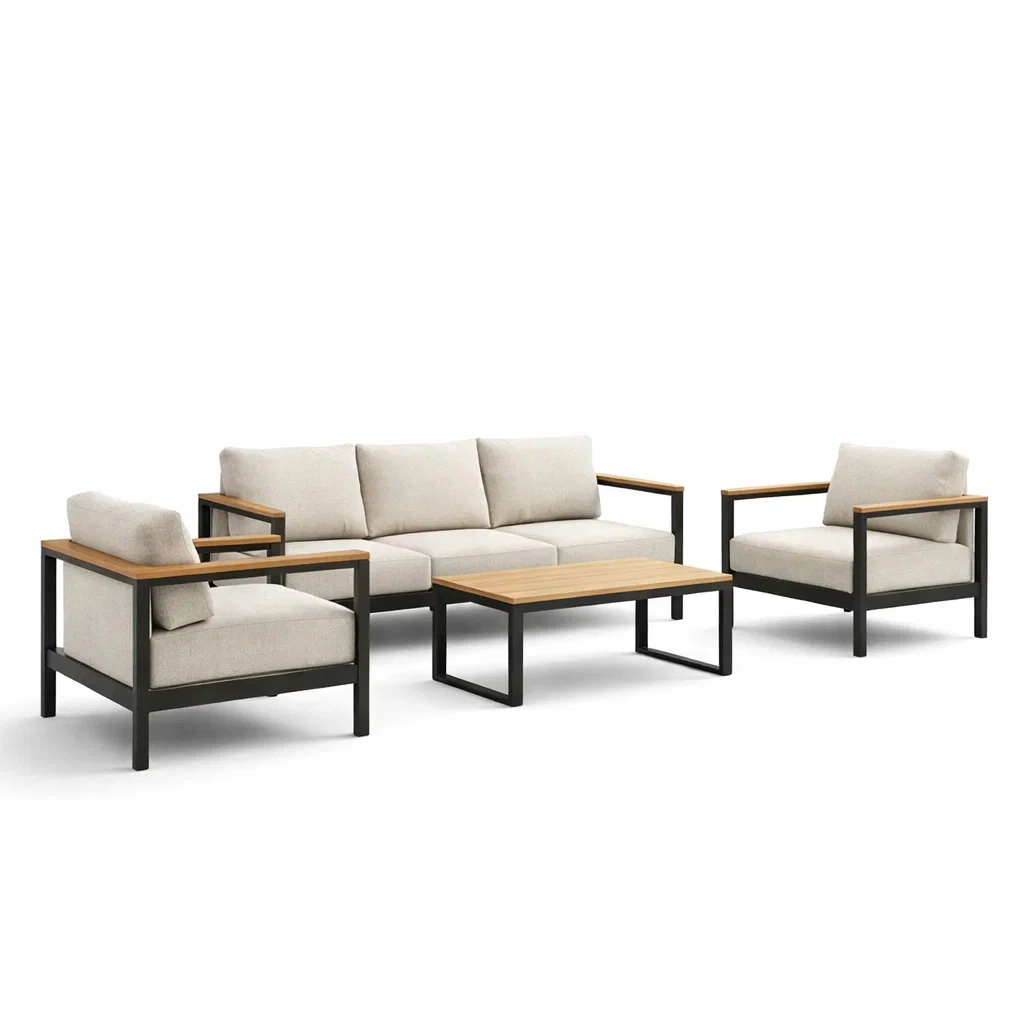 Ensemble de salon extérieur en aluminium, bois et tissu polyester-furnoveta