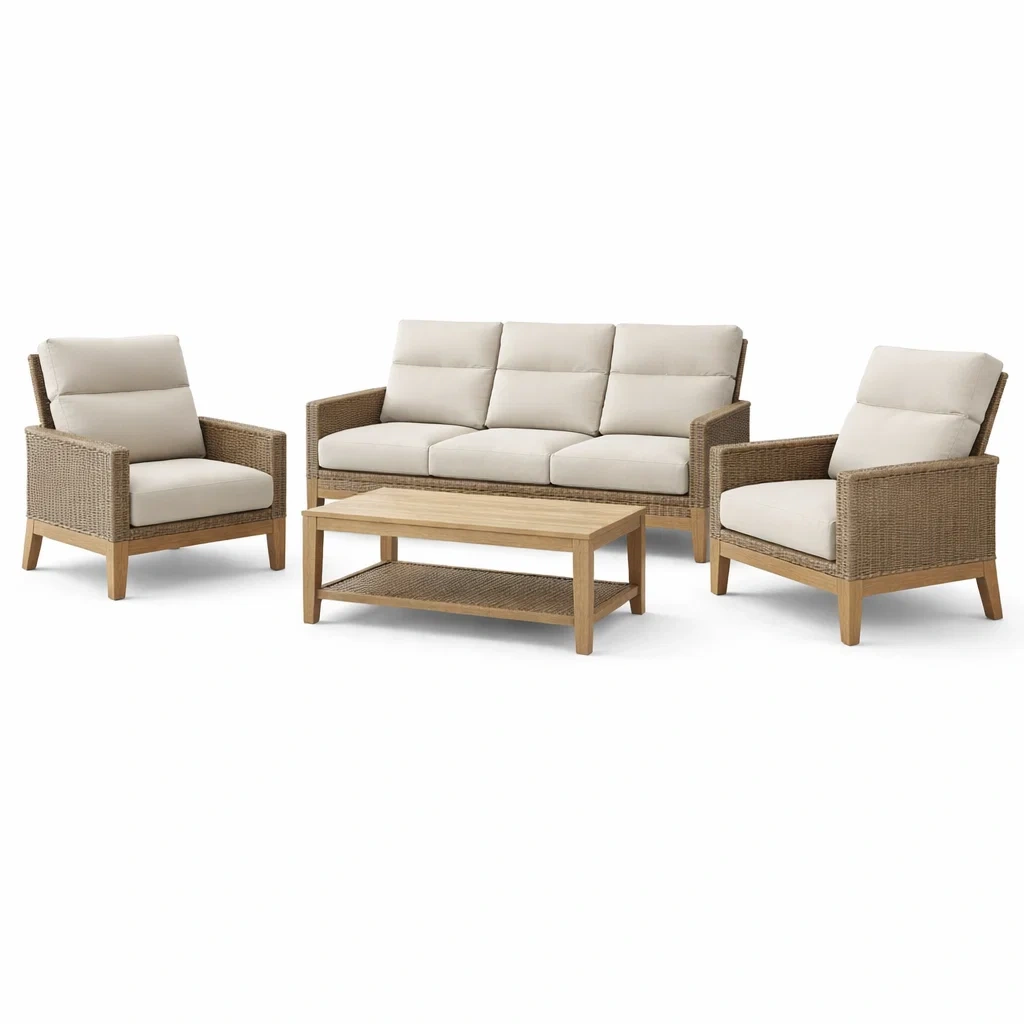 Ensemble de Salon Extérieur en Bois et Osier avec Coussins Beiges-furnoveta