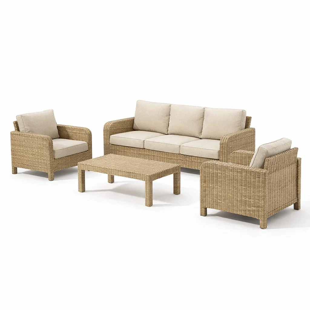 Ensemble extérieur résine tressée canapés et fauteuils, coussins en polyester Beige-furnoveta