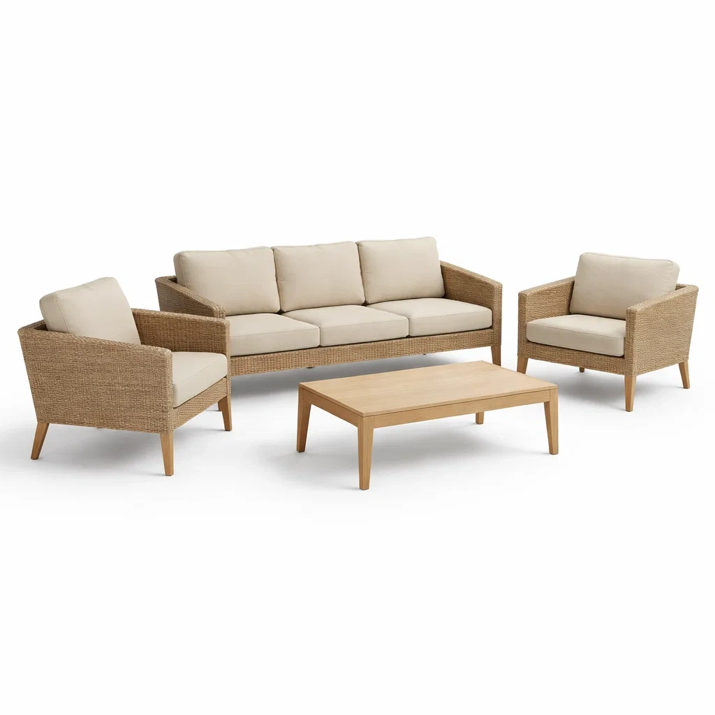 Ensemble de meubles de jardin en bois et osier avec canapé, fauteuils et table basse-furnoveta