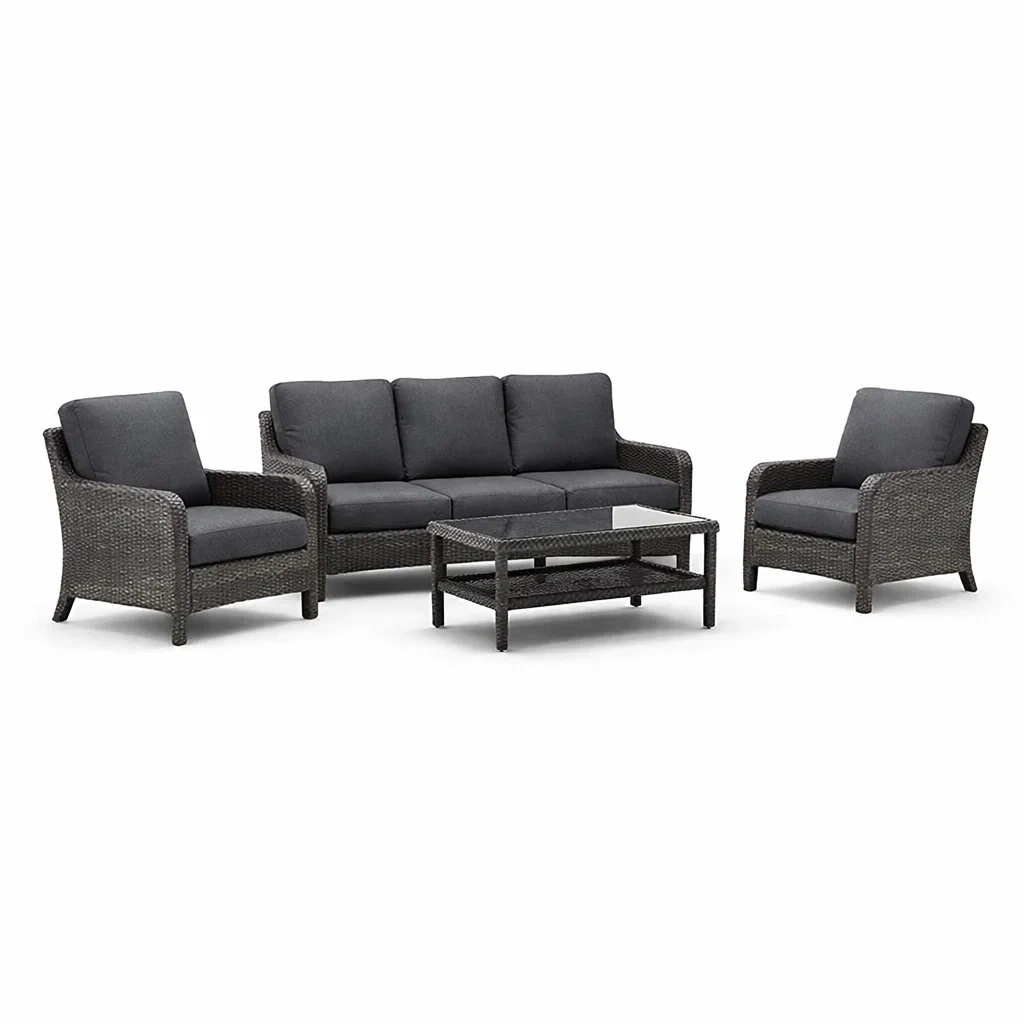 Ensemble de salon de jardin en rotin avec coussins en tissu polyester gris foncé-furnoveta