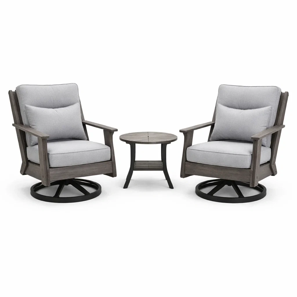 Ensemble de fauteuils pivotants en bois et table basse en métal-furnoveta