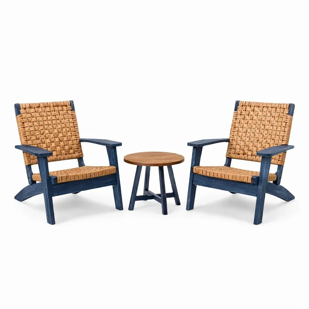 Ensemble de jardin avec fauteuils en rotin synthétique et table en bois, Bleu et Marron-furnoveta