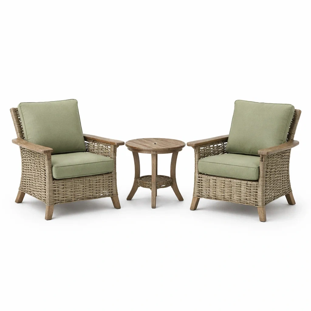 Ensemble de jardin en bois et résine tressée avec coussins verts-furnoveta
