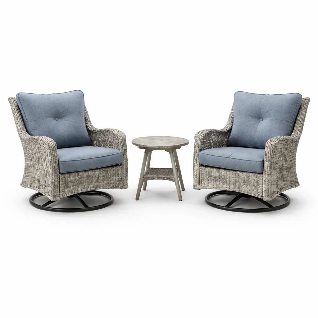 Ensemble de Fauteuils Pivotants en Rotin avec Table Ronde en Bois et Coussins Bleus-furnoveta