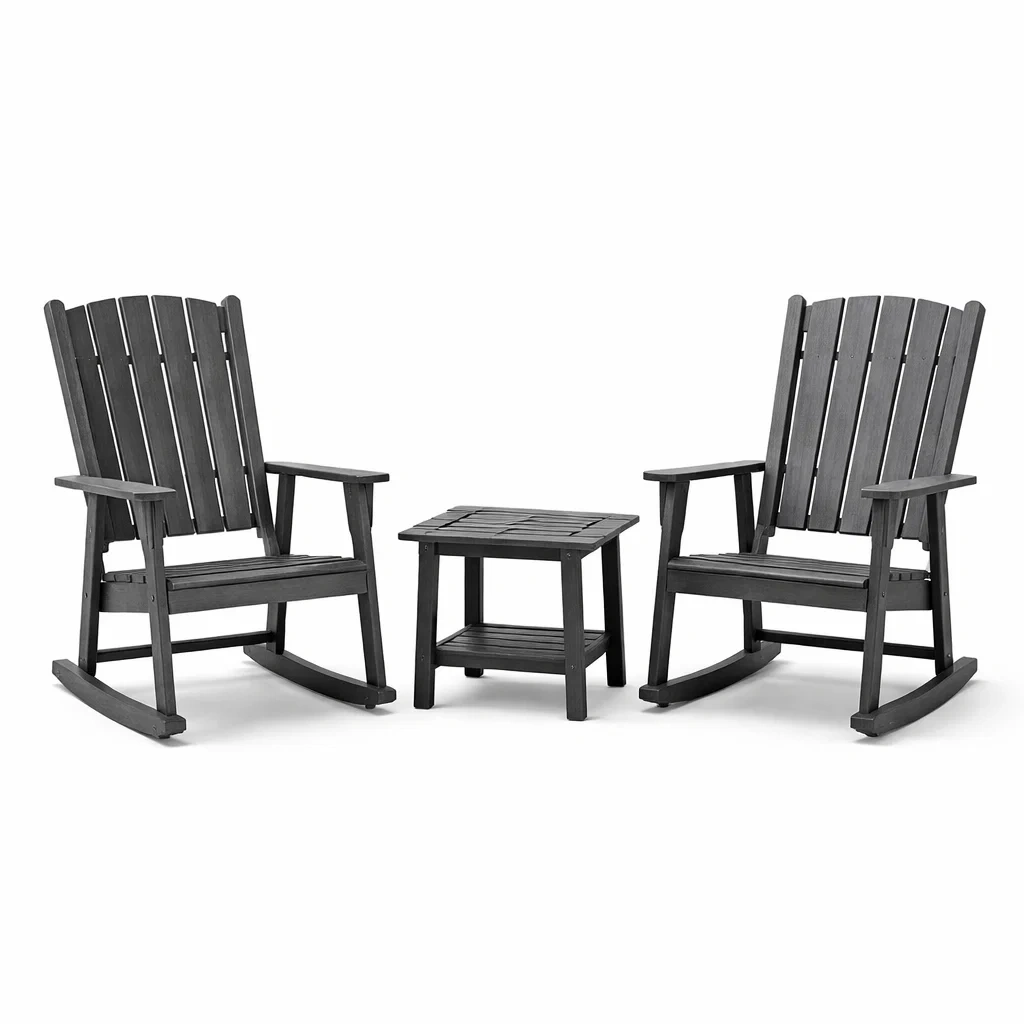 Ensemble de 2 Chaises à Bascule et Table Basse en Bois Gris-furnoveta