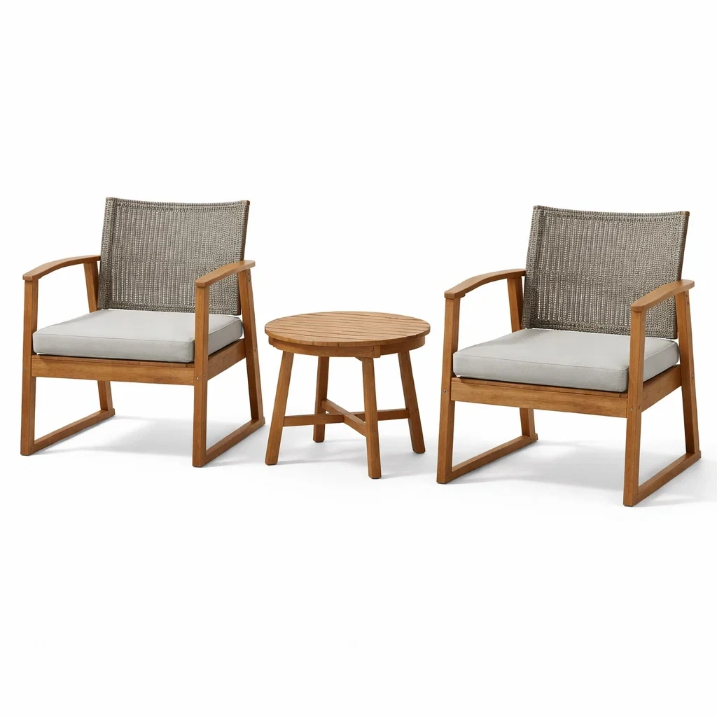Ensemble de meubles de jardin en bois avec 2 fauteuils en corde grise-furnoveta