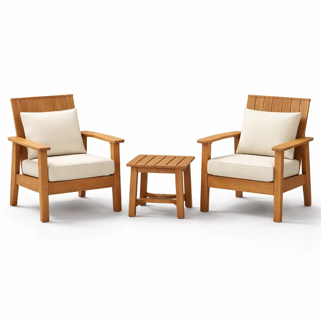Ensemble de jardin en bois avec 2 fauteuils et table basse, coussins crèmes-furnoveta