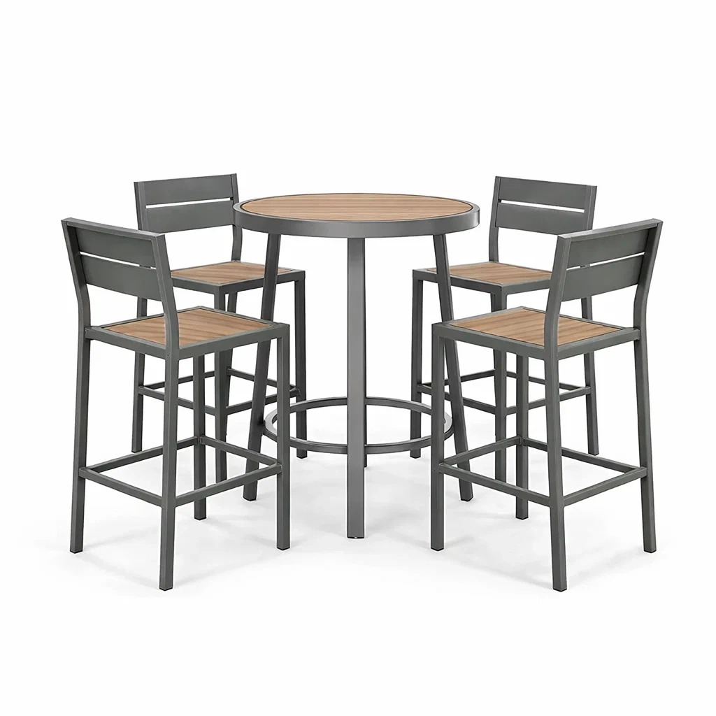Ensemble de table haute et chaises en aluminium et bois composite-furnoveta