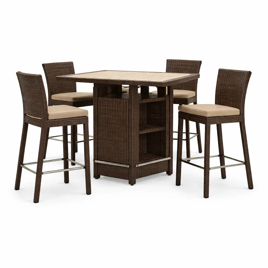 Ensemble de mobilier de jardin en résine tressée marron avec table et 4 chaises hautes-furnoveta