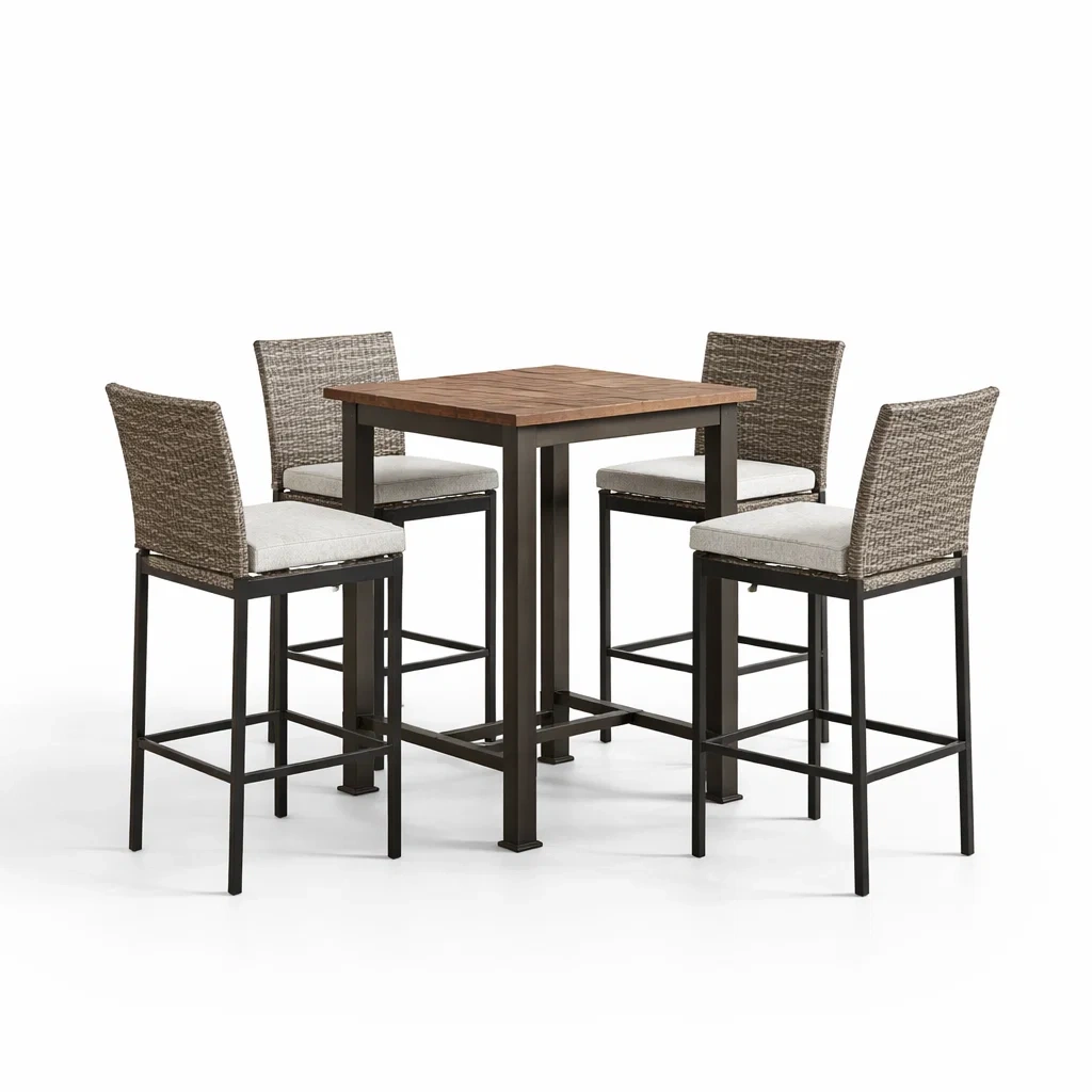 Ensemble de Table Haute et 4 Chaises en Métal, Acajou et Acacia Marron/Gris-furnoveta