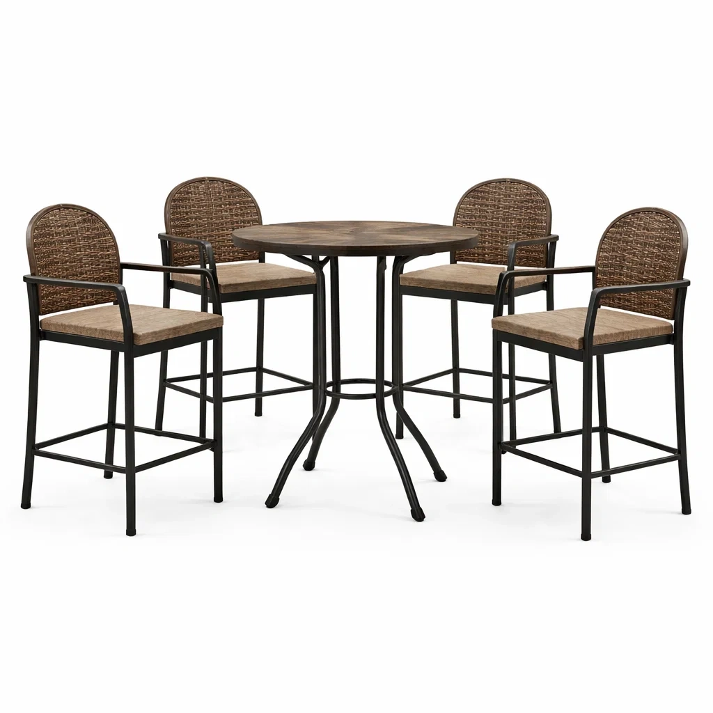 Ensemble de Table Haute et 4 Chaises en Métal et Résine Marron-furnoveta