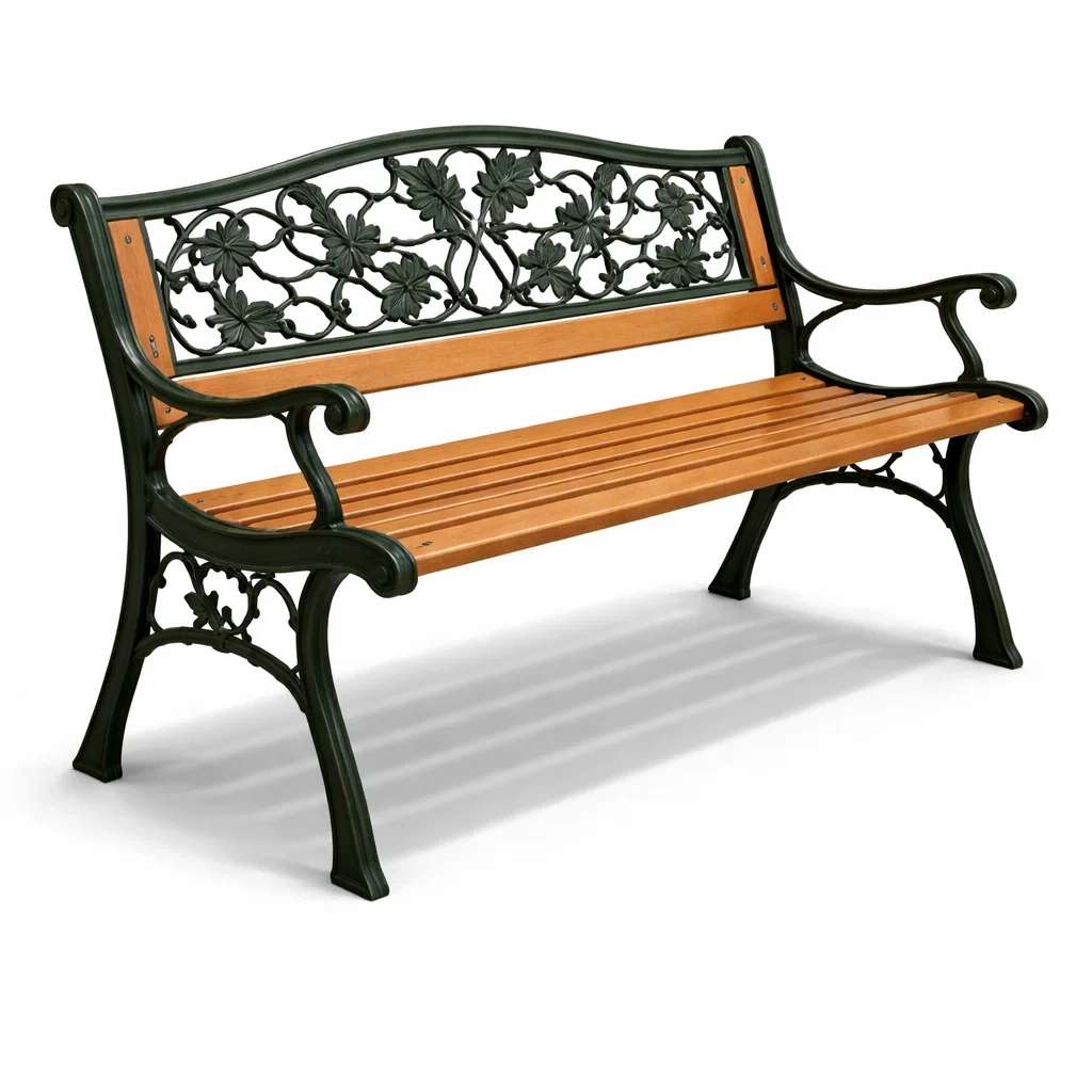 Banc de jardin en bois et fonte avec motifs floraux-furnoveta