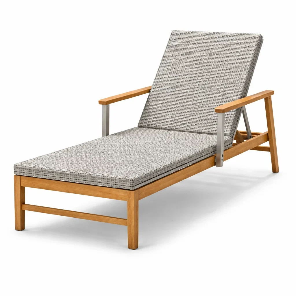 Chaise longue en bois avec coussin en tissu gris-furnoveta