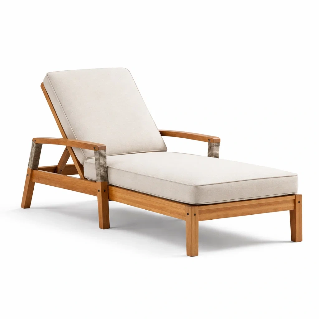 Chaise Longue en Bois d'Acacia avec Coussin Réglable Beige-furnoveta