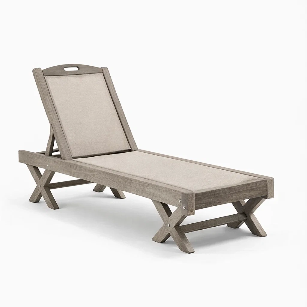 Chaise Longue en Bois d'Acacia et Polyester Beige-furnoveta