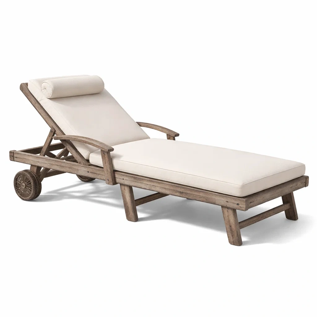 Chaise longue en teck avec coussin beige et dossier réglable-furnoveta
