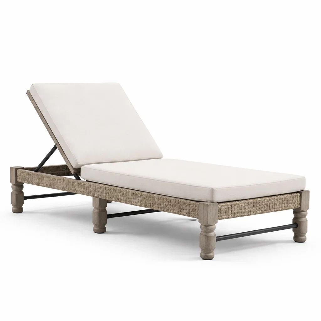 Chaise Longue en Bois d'Acacia et Rotin Beige avec Coussins-furnoveta