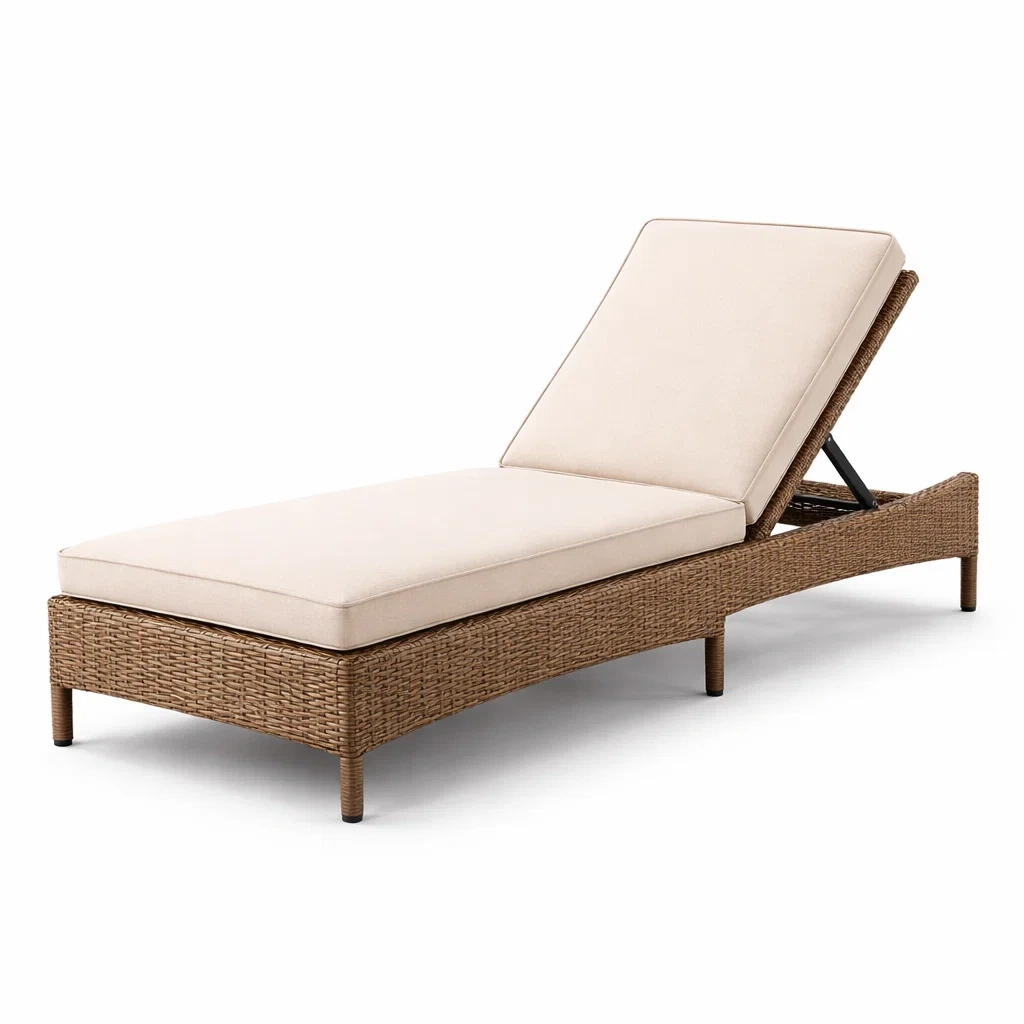 Chaise longue d'extérieur en rotin synthétique avec coussin beige ajustable-furnoveta