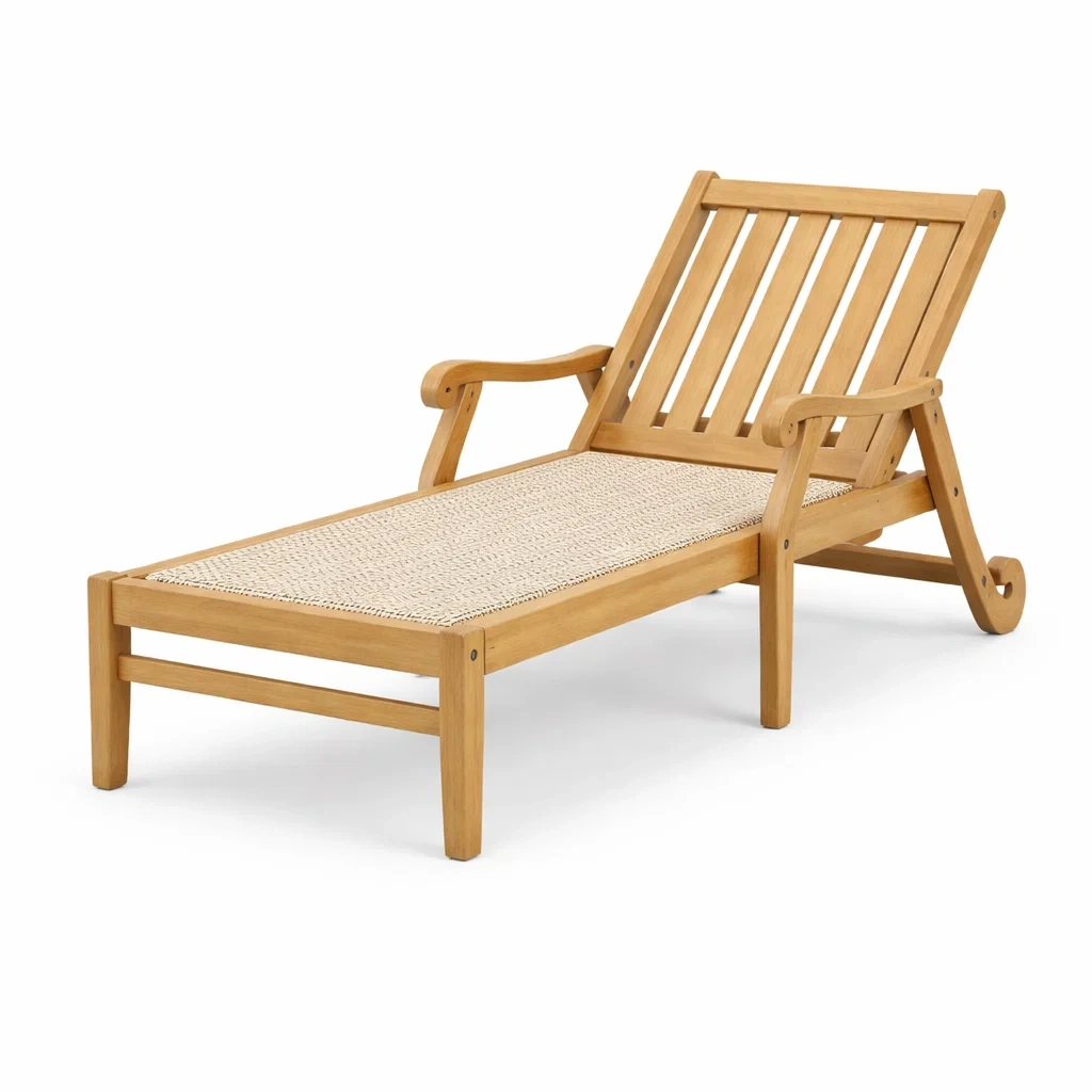 Chaise Longue Extérieure en Bois et Rotin Synthétique Beige-furnoveta