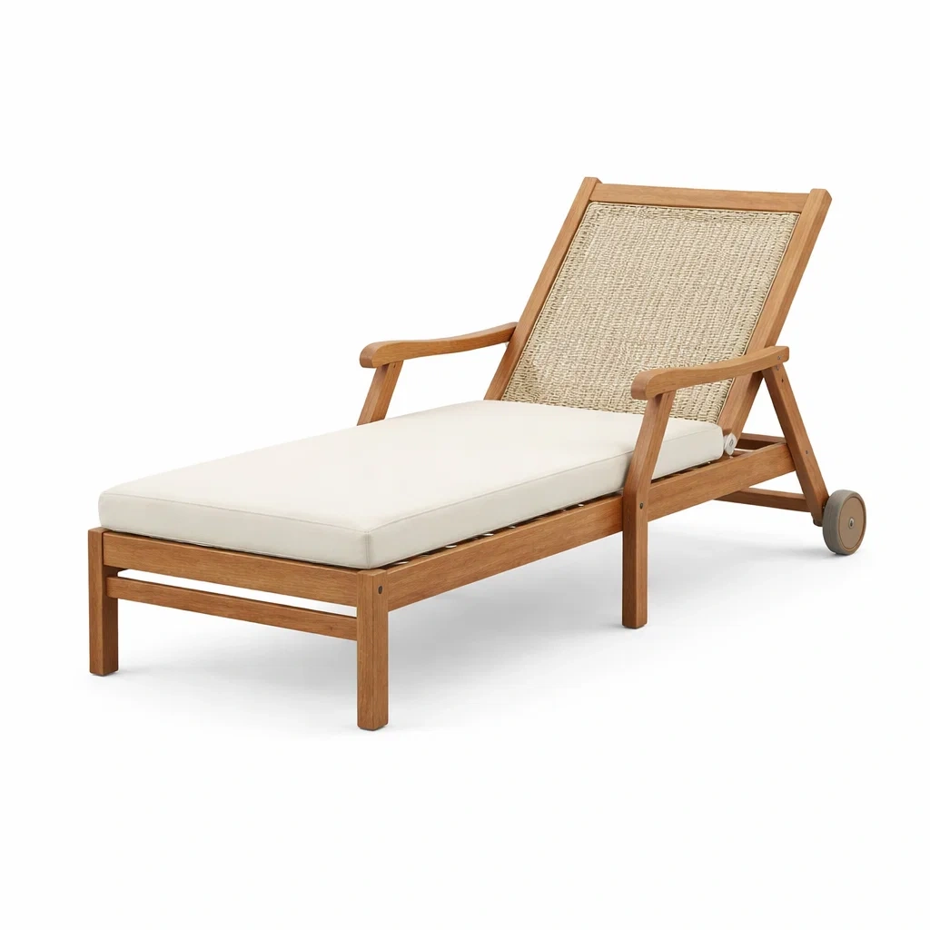 Chaise Longue Extérieure en Bois de Teck et Résine Tressée avec Coussin Beige-furnoveta