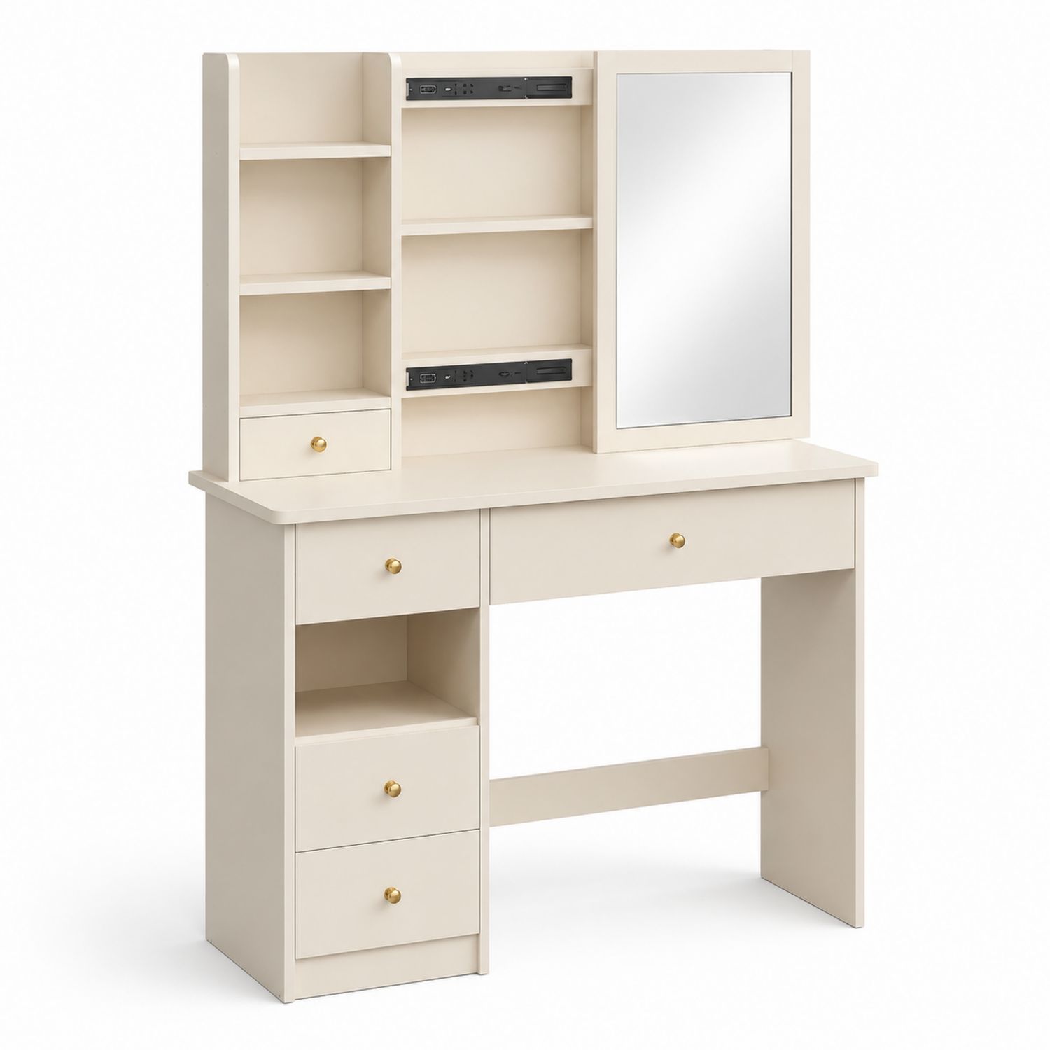 Toaletka z lustrem z płyty MDF w kolorze kremowym, z szufladami, 145x100x50 cm-Casavivarte