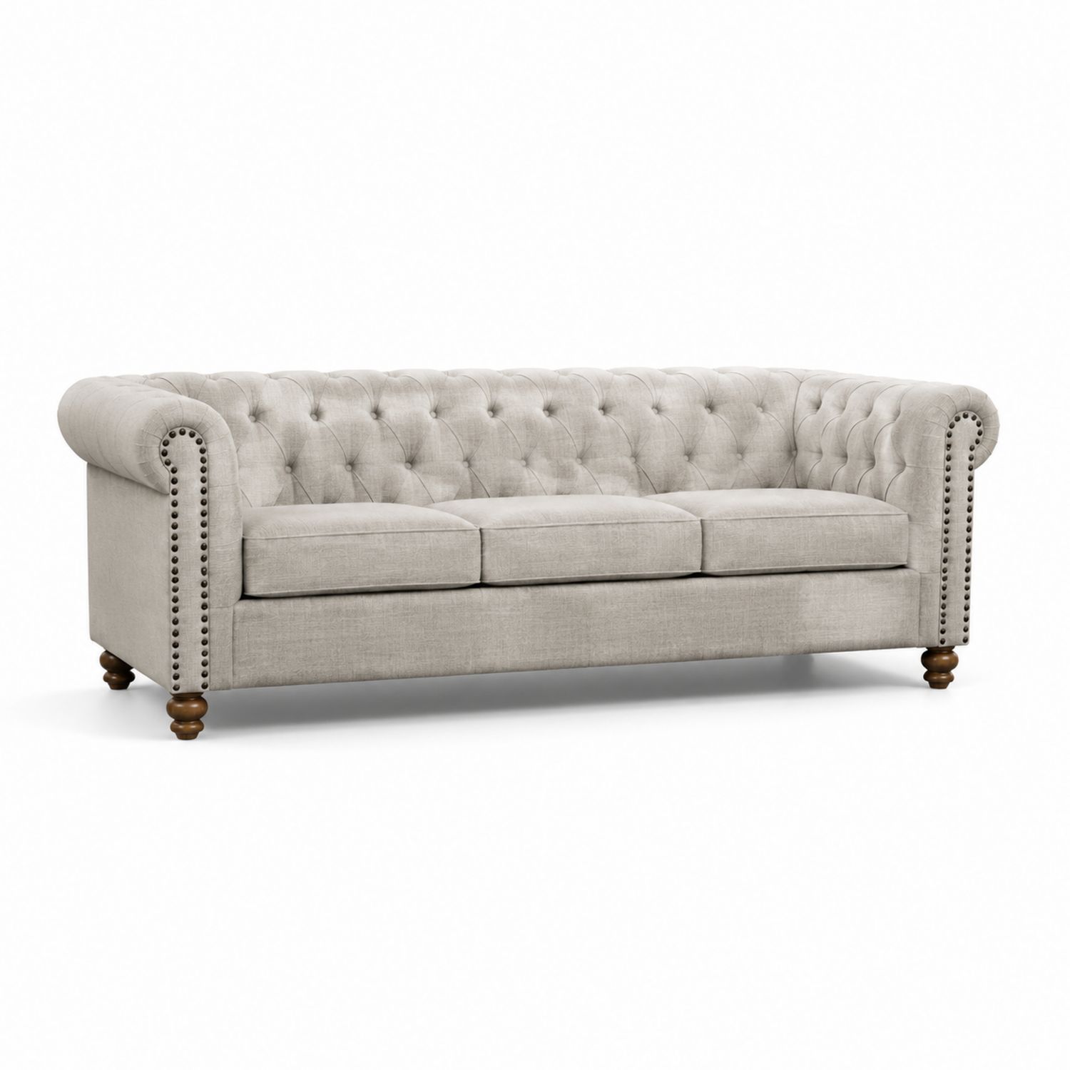 Sofa Chesterfield 3-osobowa Lniana Szaro-Beżowa-Casavivarte
