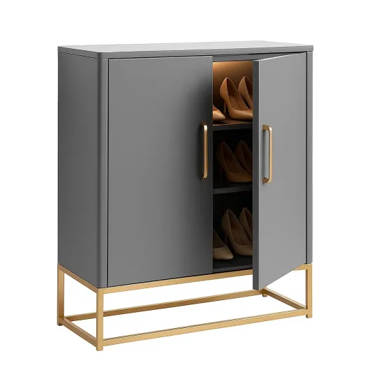 Schuhschrank aus MDF mit Metallbasis und Beleuchtung, Grau-kormelvia