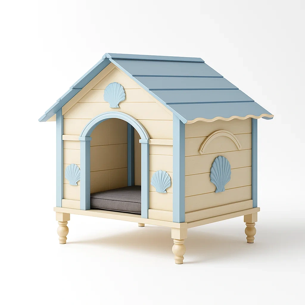 Hundehütte Holz Beige/Blau 60 cm x 50 cm x 70 cm mit Polyesterkissen-livzexa