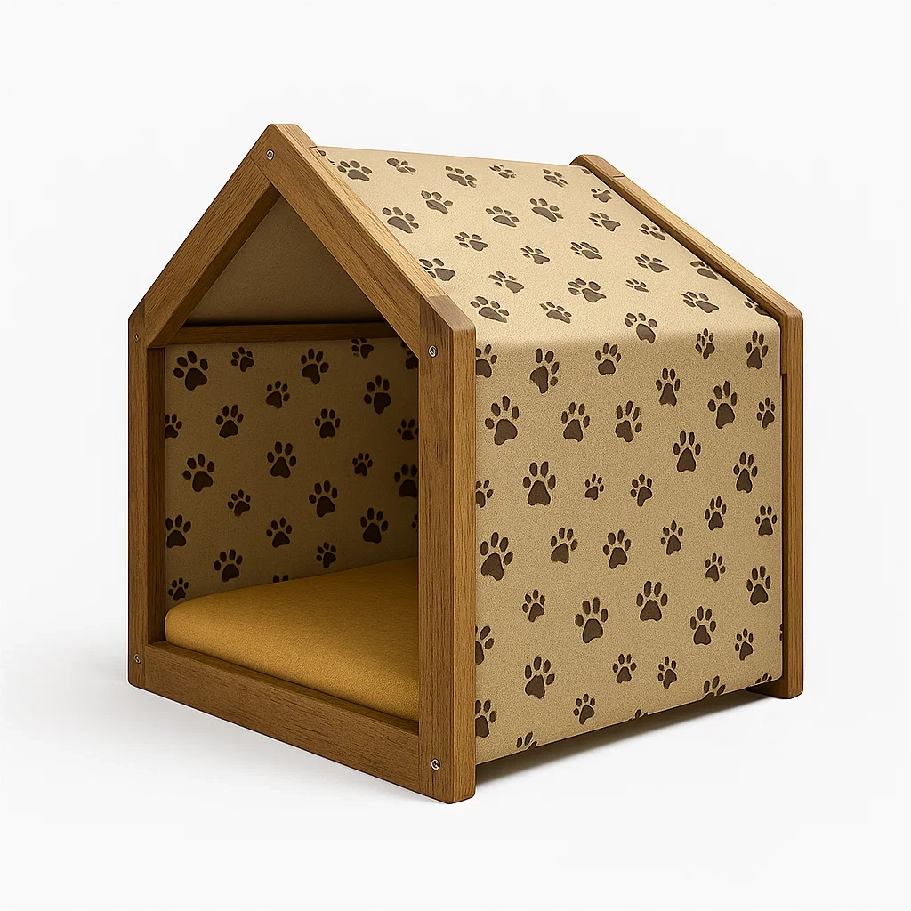 Holz Hundehütte mit Pfotenmuster und Kissen Beige-livzexa