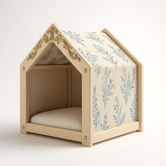 Haustierhäuschen aus Holz mit Kissen Beige/Blau 50x40x45 cm-livzexa