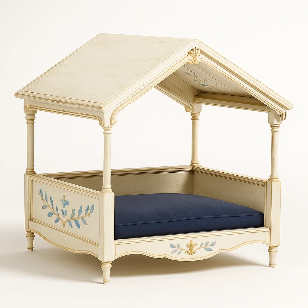 Holz Haustierbett mit Dach und Dekor Creme/Blau-livzexa