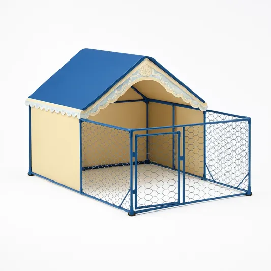 Hundehaus mit Gehege Stahlrahmen Blau/Beige-livzexa