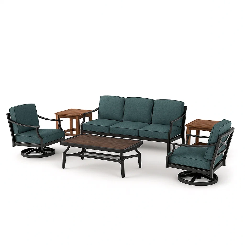 Lounge-Set aus Aluminium mit Hartholztisch und dunkelgrünen Polstern-livzexa