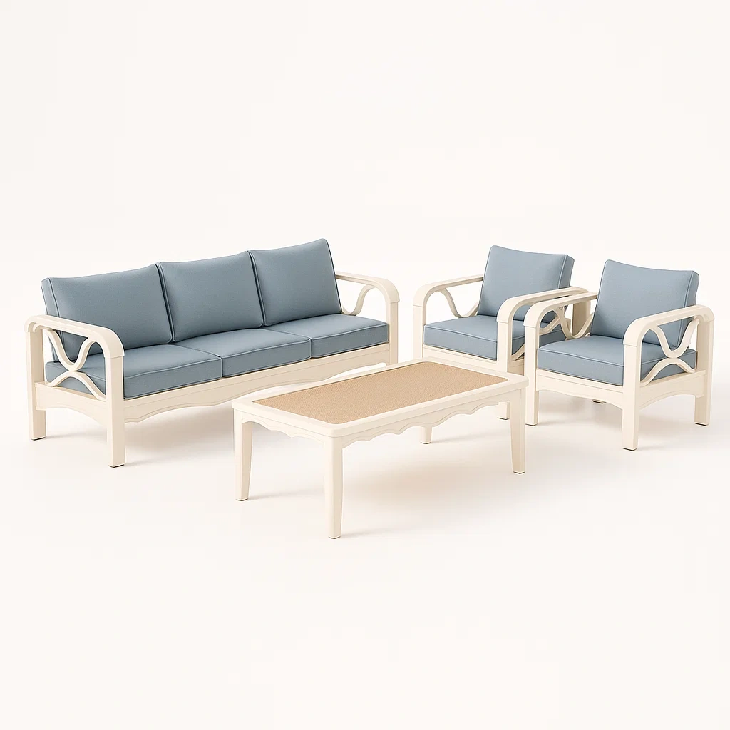 Gartenmöbel-Set aus Aluminium mit Sofa, Sesseln und Tisch, Blau und Weiß-livzexa