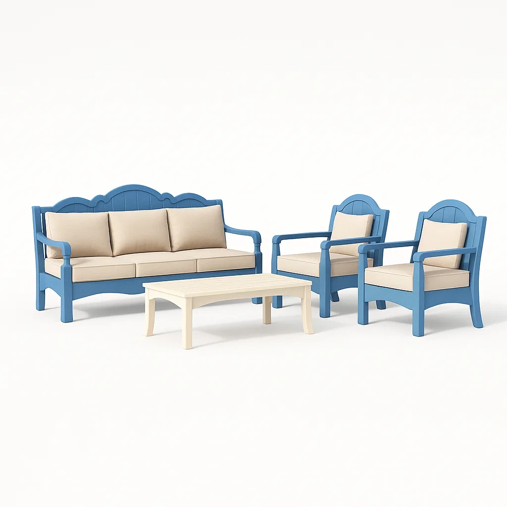 Gartenmöbel-Set aus Kunststoff mit blauen Rahmen und cremefarbenen Kissen-livzexa