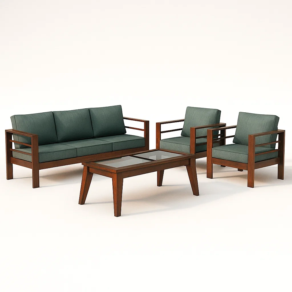 Holz Gartensofa Set mit grünen Polstern und Glastisch-livzexa