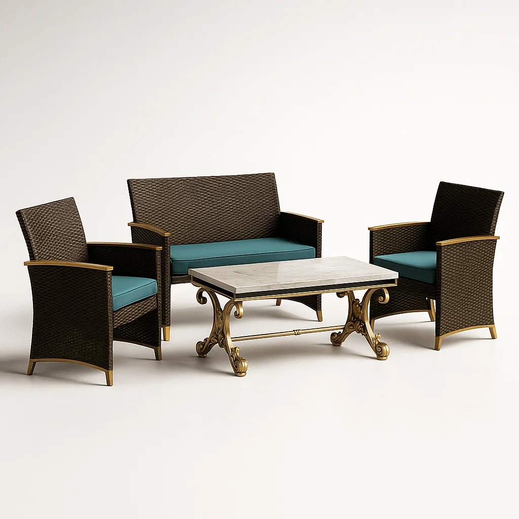Rattan-Gartenmöbelset mit Marmortisch, Braun/Gold/Blaugrün-livzexa