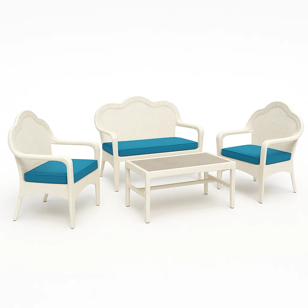 Gartenmöbel-Set aus Polyrattan Weiß mit blauen Kissen, 2 Sessel, 1 Sofa, 1 Tisch-livzexa