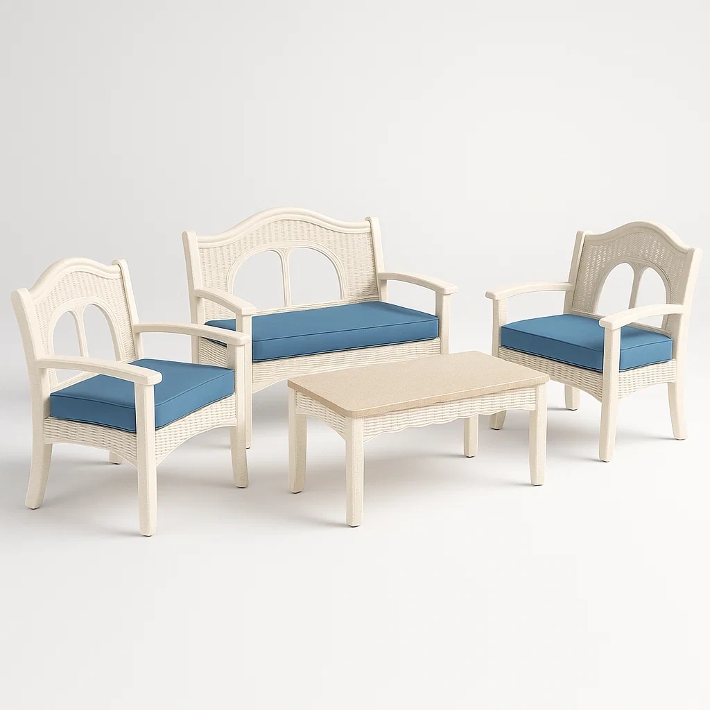 Polyrattan Gartenmöbel-Set mit Creme und Blauen Kissen-livzexa